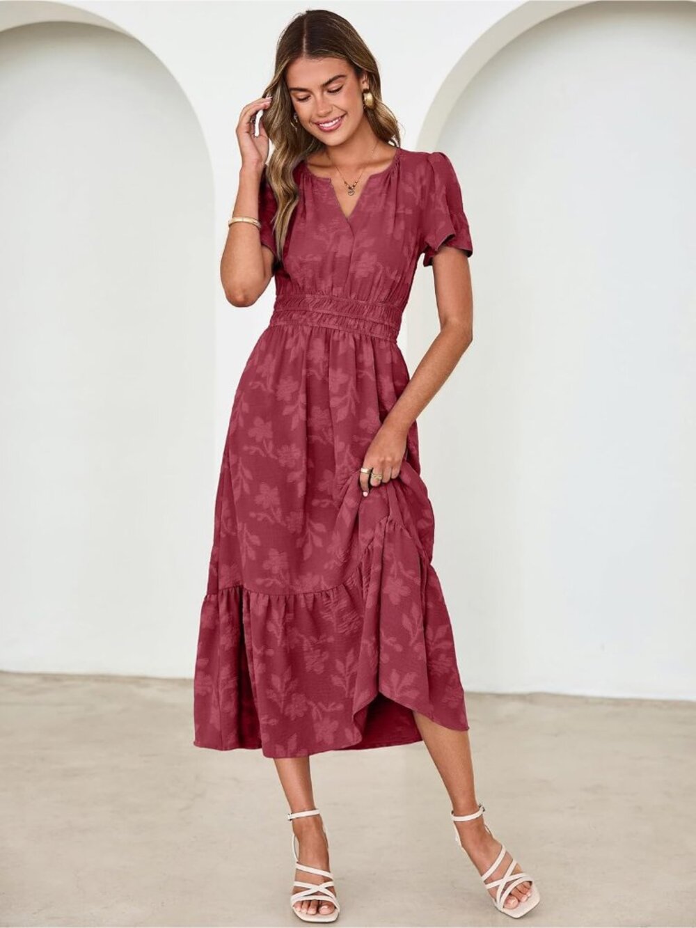 Women's Burgundy Short Sleeve V Neck Empire Waist Floral Imported Maxi Dress - Picture 5 of 6